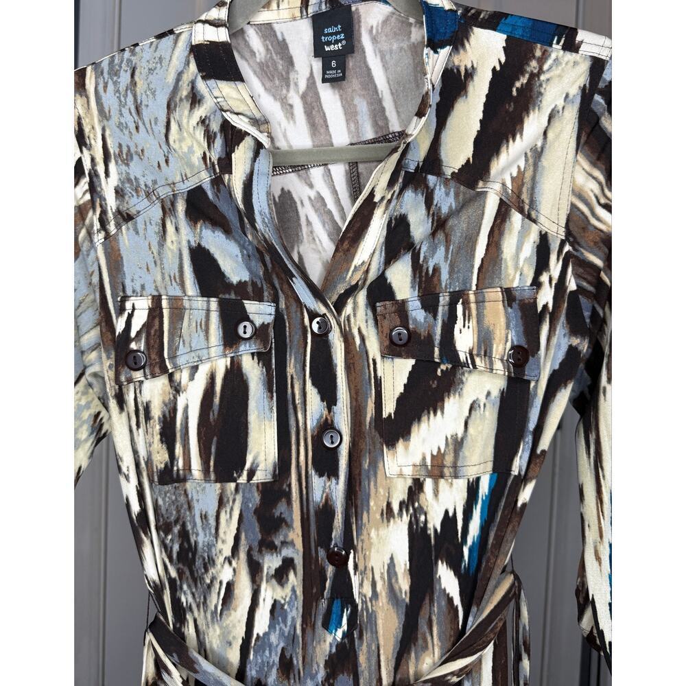 Saint Tropez West Sz 6 Abstract Ikat Style Button Front Dress Tie Waist | GUC - Picture 8 of 11